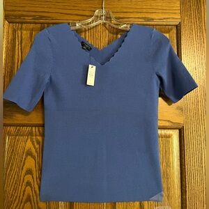 Talbots Bright Blue V-Neck Scallop Trim Short Sleeve Sweater- Petite Small NWT
